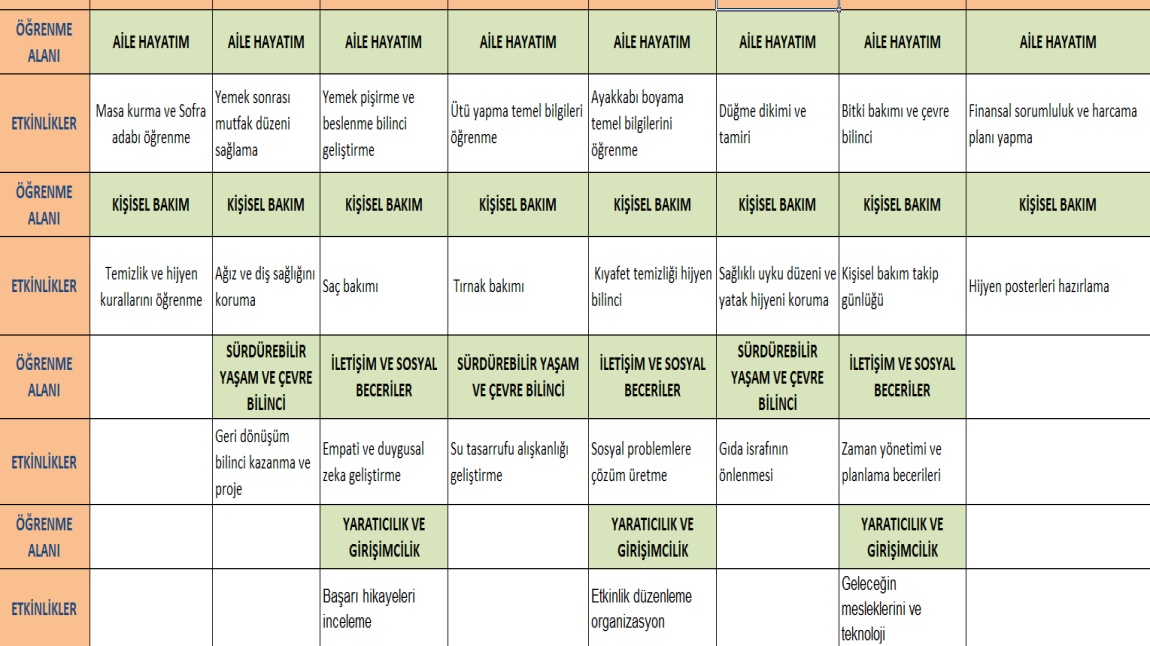 YAŞAM  BECERİLERİ PROJESİ AYLIK FAALİYET PLANI